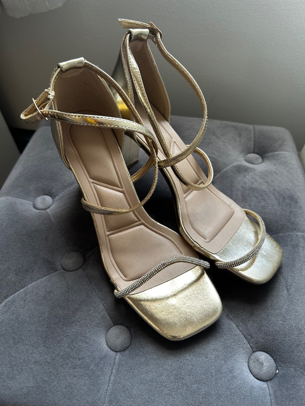 Women's Gold Strappy Block Heel Sandals with a little sparkle on the strap